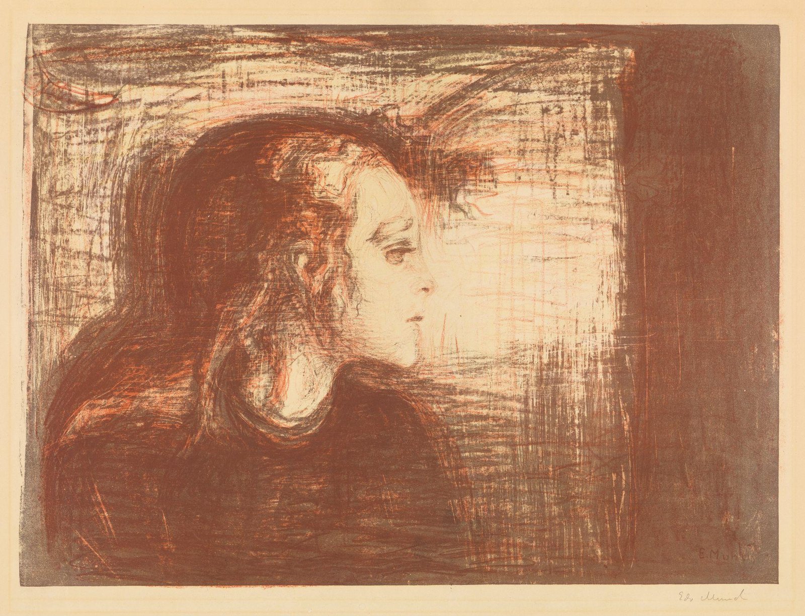 Lithographie aux tons rouges et bruns : le profil d'une jeune fille aux cheveux roux, tournée vers la droite, sur un fond de traits griffés