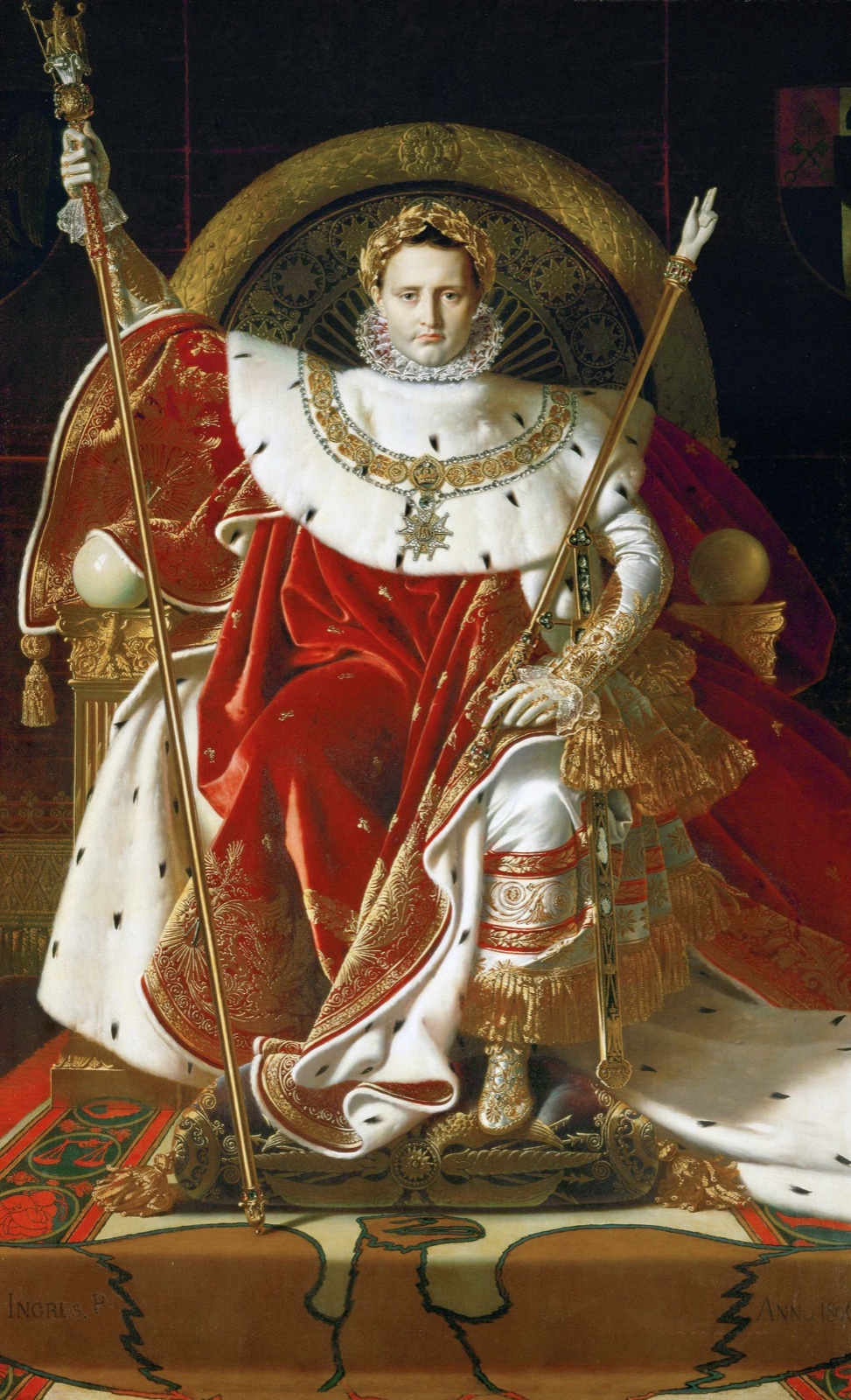 Napoléon de face sur un trône doré, en manteau d'hermine et couronne de laurier, tenant le sceptre et la main de justice