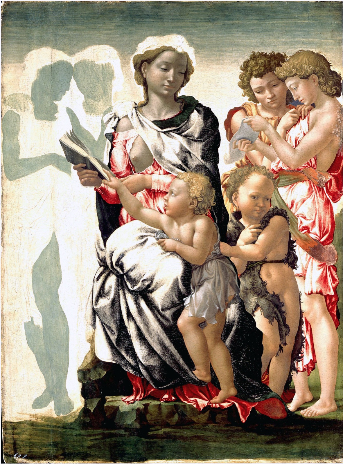 La Vierge assise lit un livre, l'Enfant et saint Jean à ses côtés, des anges à droite ; à gauche, deux anges restés à l'état d'ébauche
