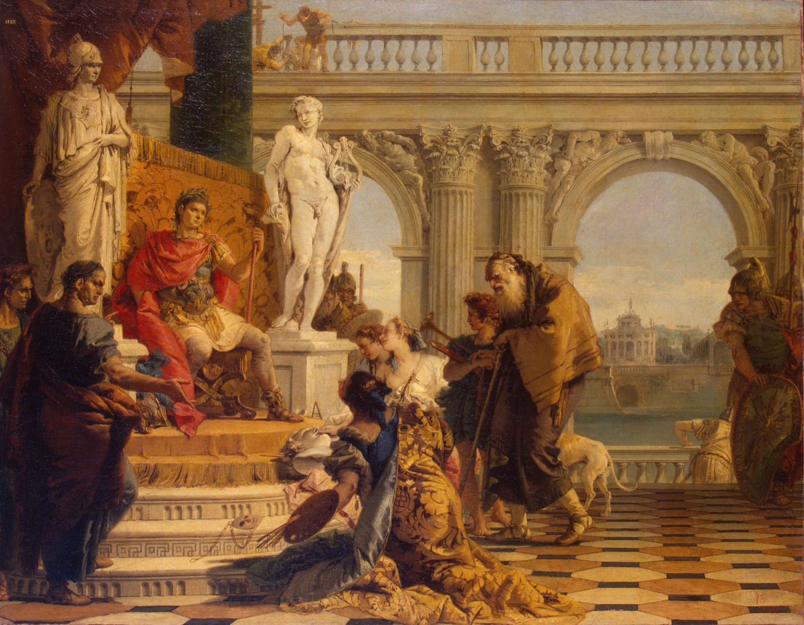 Sur les marches d'un palais, un vieil homme barbu présente à l'empereur assis sur son trône un groupe de jeunes femmes personnifiant les arts