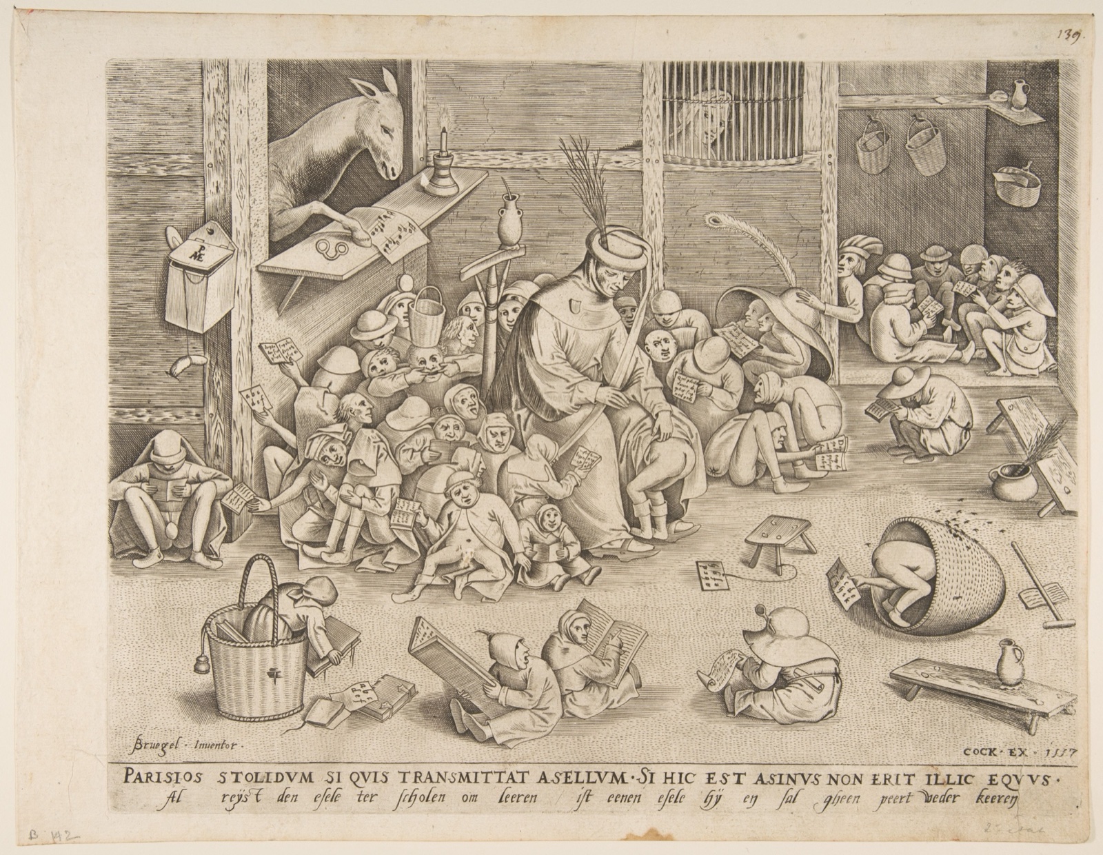 Gravure d'une salle de classe surpeuplée : un maître assis entouré d'enfants qui lisent ou chahutent, un âne qui lit une partition à la fenêtre