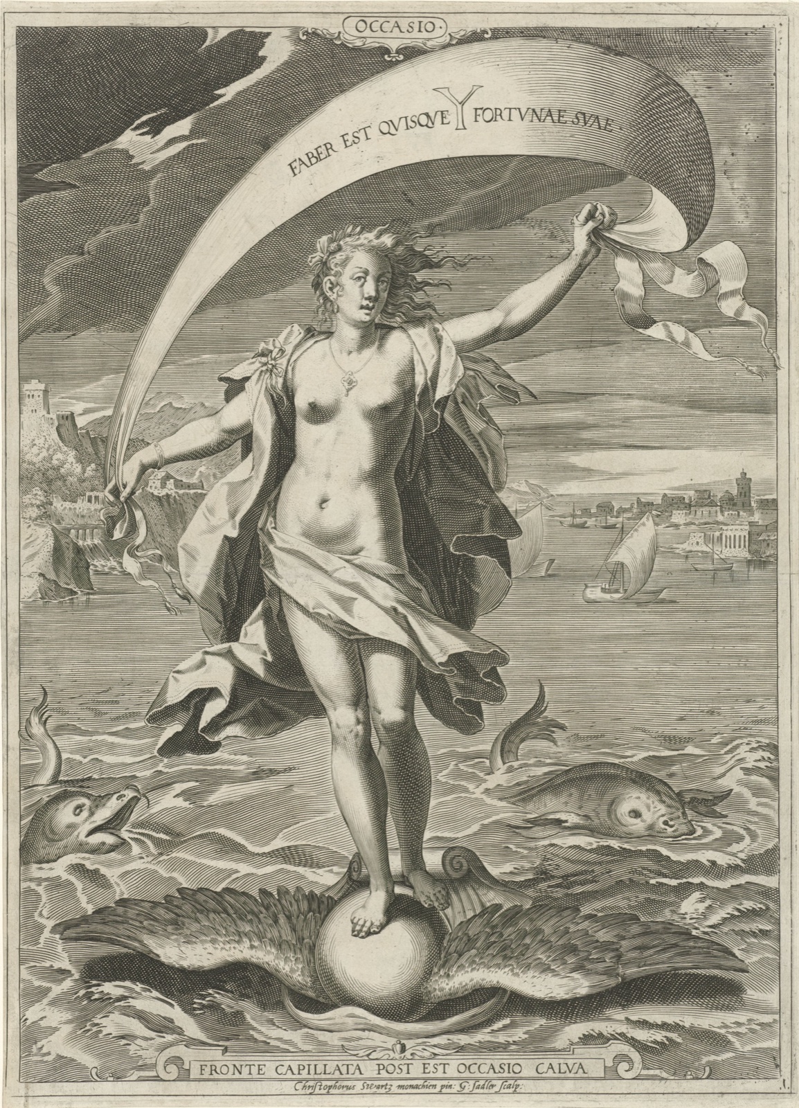 Gravure d'une femme debout sur un globe ailé posé sur la mer, tenant une voile gonflée par le vent, devant un port