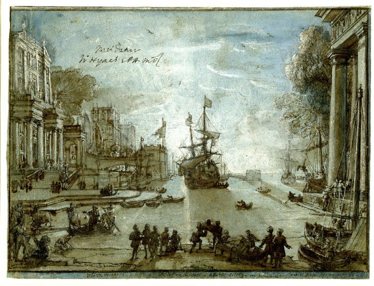 Dessin au lavis reprenant la composition du tableau : le port, les palais, le navire et les personnages du premier plan