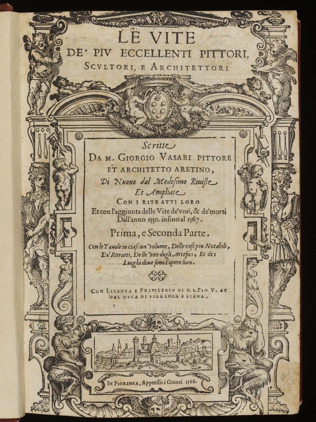 Page de titre imprimée dans un riche encadrement gravé : figures, armoiries des Médicis et, en bas, une vue de Florence