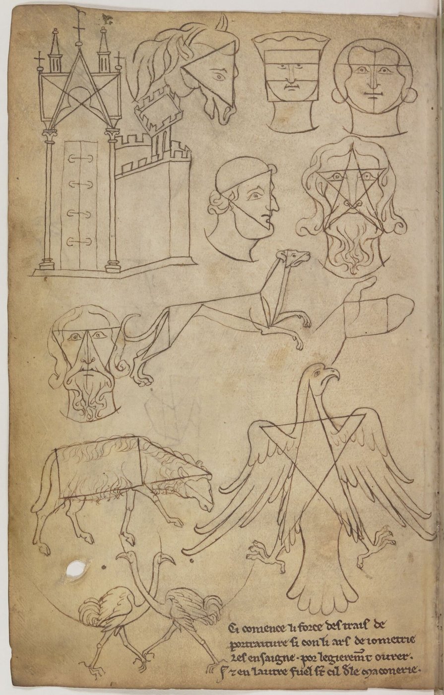 Page de carnet couverte de dessins à la plume : visages, animaux et un aigle construits sur des triangles, des carrés et des étoiles