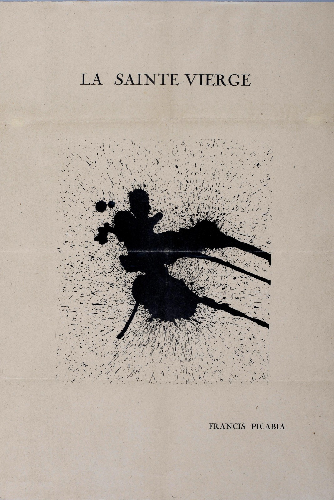 Page imprimée titrée « La Sainte-Vierge », occupée par une large tache d'encre noire éclaboussée, signée Francis Picabia