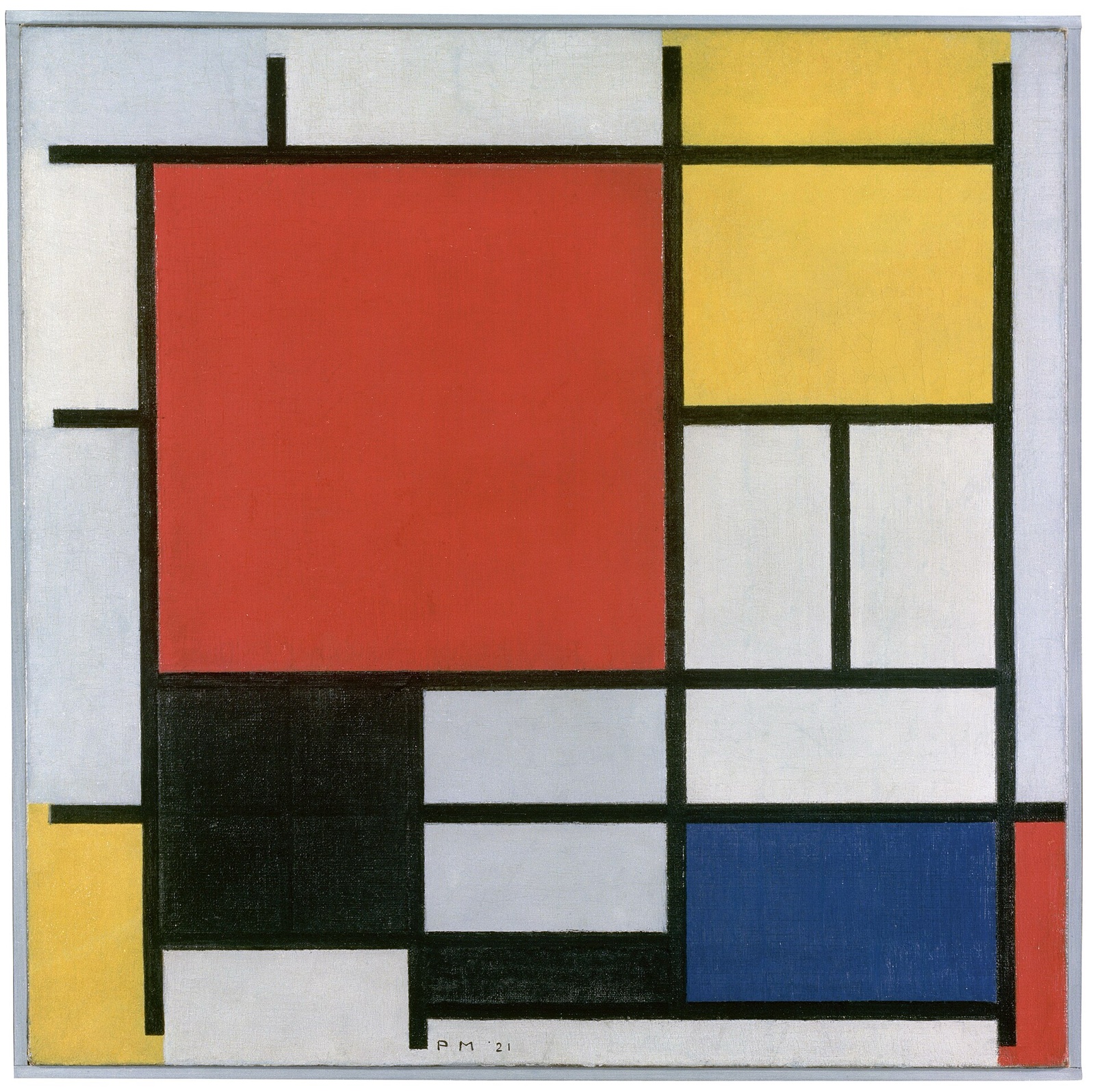 Grille de lignes noires délimitant un grand carré rouge, des rectangles jaune, bleu, noir et des plans gris clair