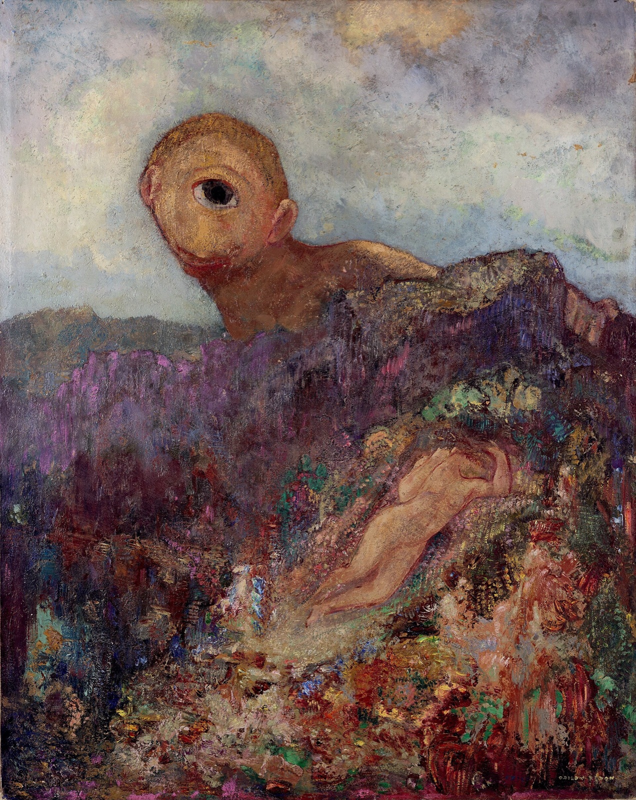 Un cyclope à l'œil unique immense surgit derrière une colline fleurie où repose une femme nue