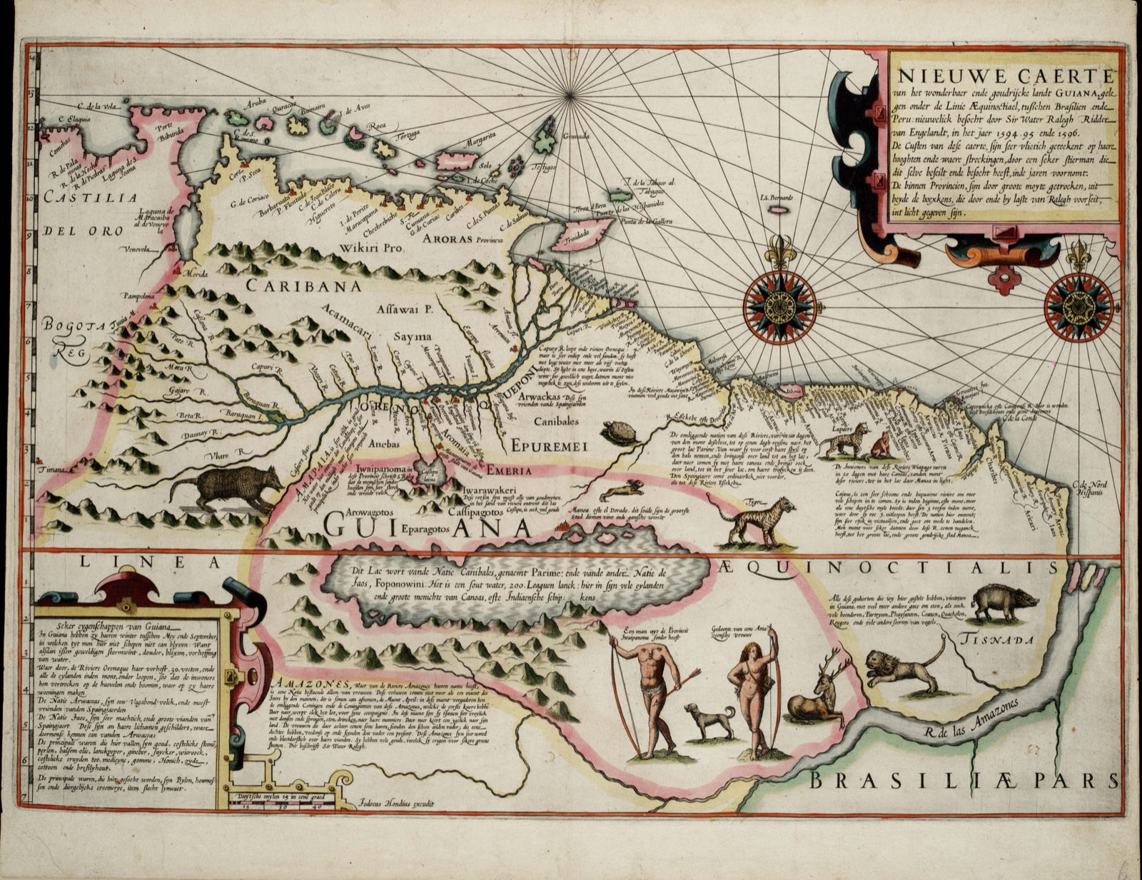 Carte ancienne coloriée du nord de l'Amérique du Sud, peuplée d'animaux et de personnages ; au centre, un grand lac allongé au bord duquel est placée la ville de Manoa, dite El Dorado