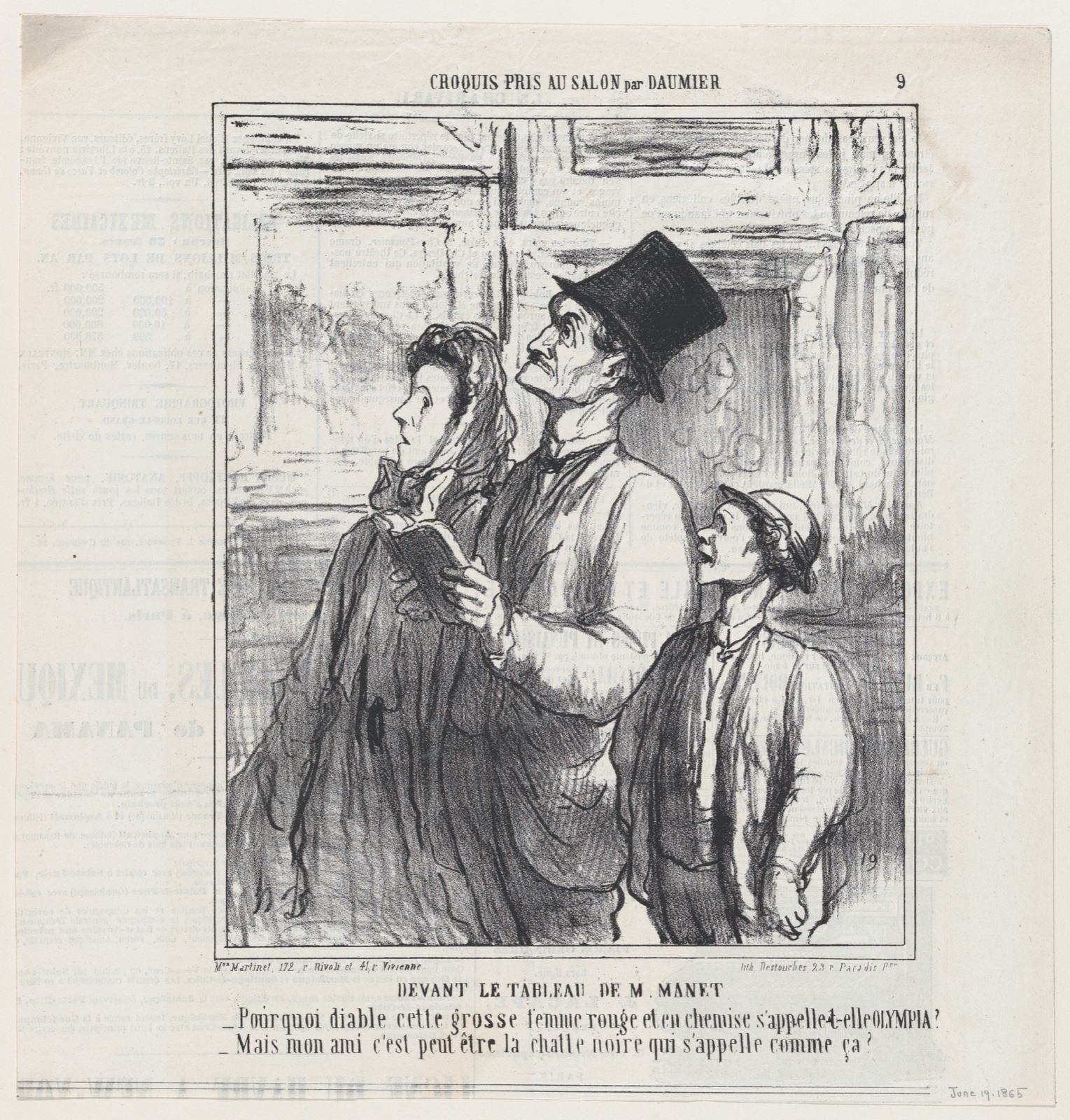 Lithographie : au Salon, un couple et un jeune garçon lèvent les yeux vers un tableau accroché haut ; l'homme porte un haut-de-forme, la femme tient un livret