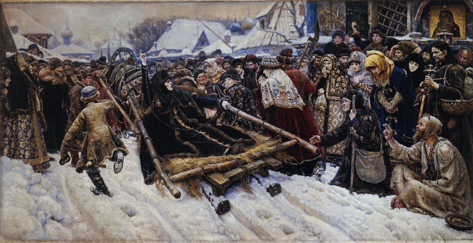 Dans une rue enneigée, une foule entoure un traîneau qui emporte une femme vêtue de noir, la main levée ; le traîneau laisse un sillon dans la neige