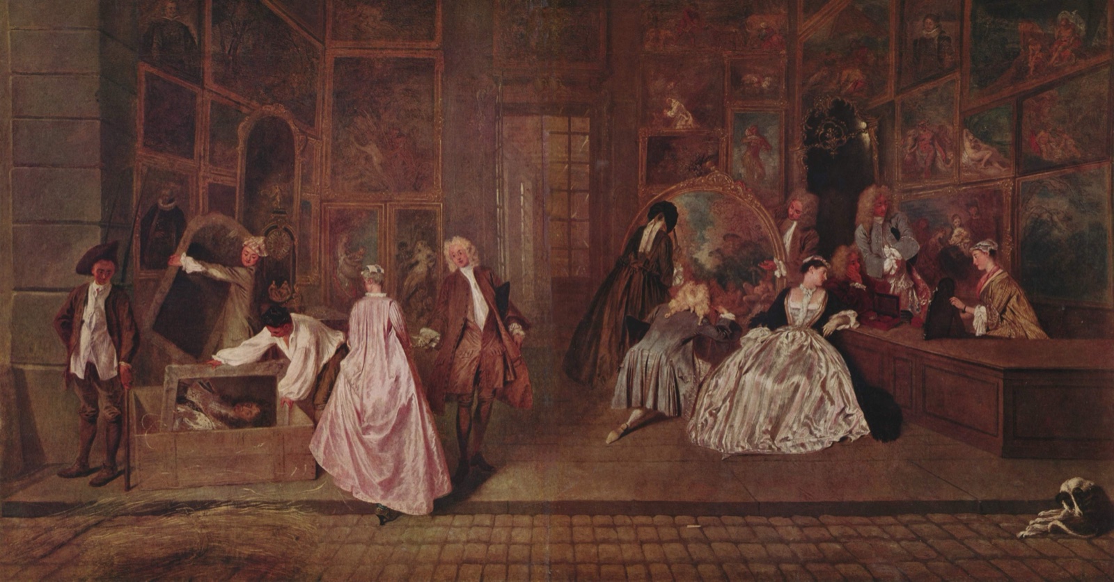 Une boutique de marchand de tableaux aux murs couverts de toiles : à gauche, des commis mettent un portrait en caisse ; à droite, des clients élégants examinent des tableaux