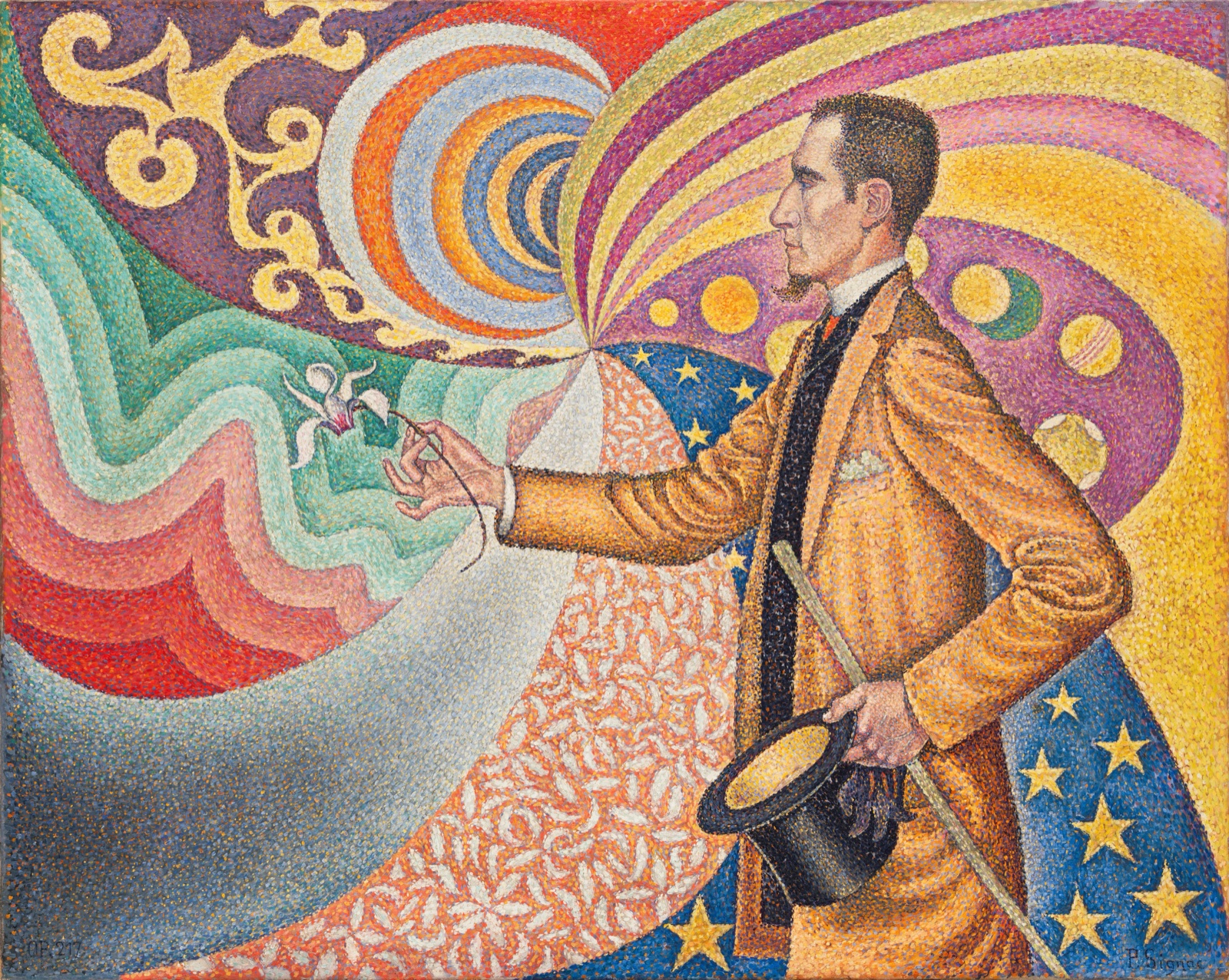 Un homme de profil, en redingote jaune, tend une fleur, devant un fond de spirales, d'étoiles et de rayures multicolores peintes par petites touches