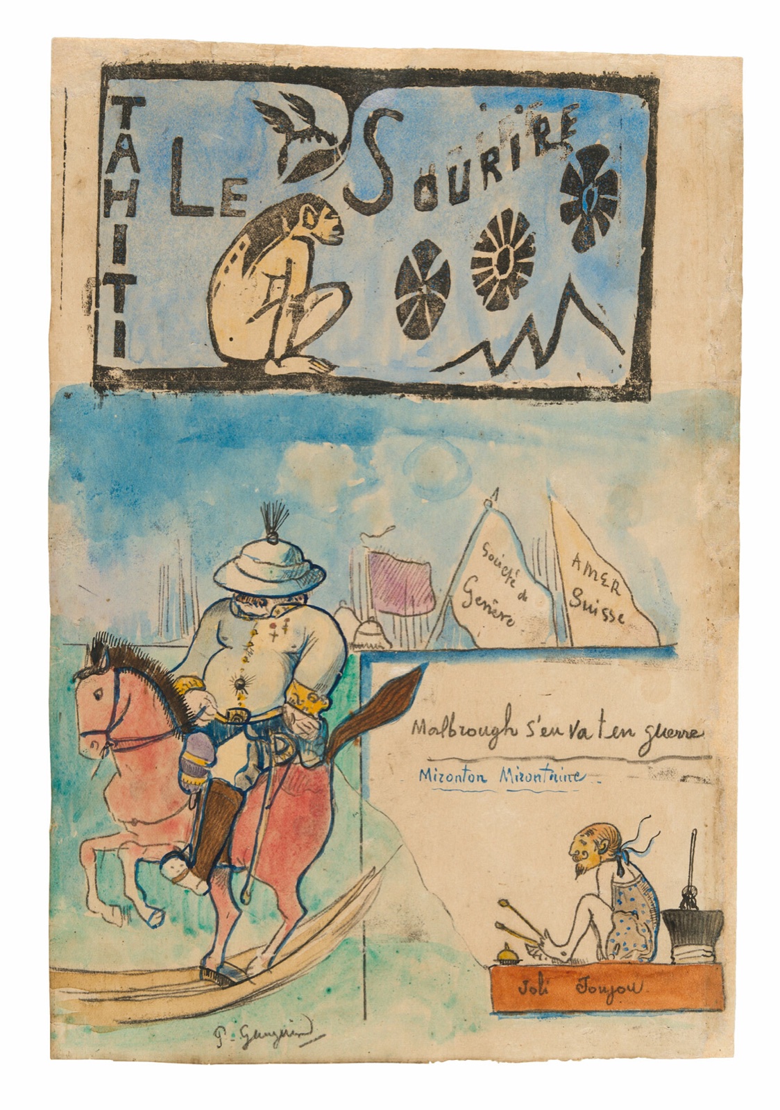 Feuille aquarellée : en haut, l'en-tête gravé « Le Sourire, Tahiti » avec une figure accroupie ; en dessous, la caricature d'un gouverneur à cheval et celle de l'artiste assis à son écritoire