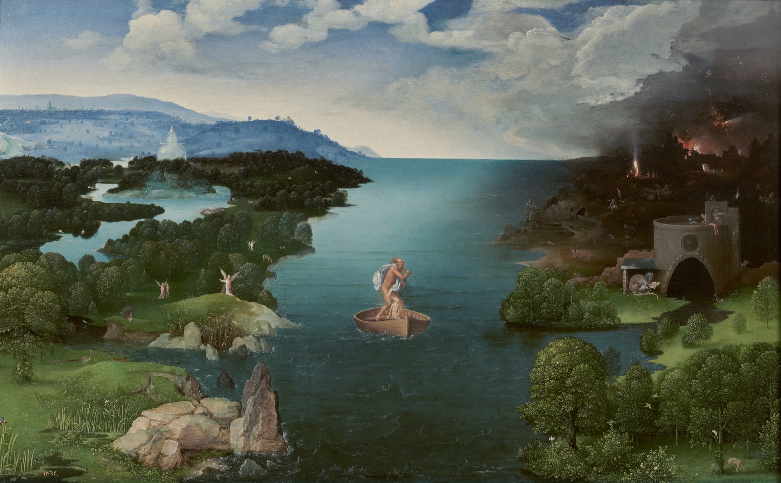 Vaste paysage traversé par un fleuve bleu ; au centre, Charon mène sa barque entre le paradis, à gauche, et l'entrée enflammée des enfers, à droite