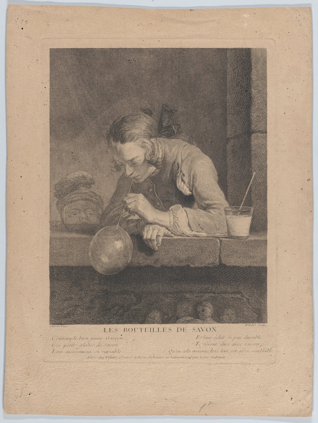 Gravure : un jeune homme accoudé à une fenêtre de pierre souffle une grosse bulle de savon avec une paille ; sous l'image, le titre Les Bouteilles de savon et six vers