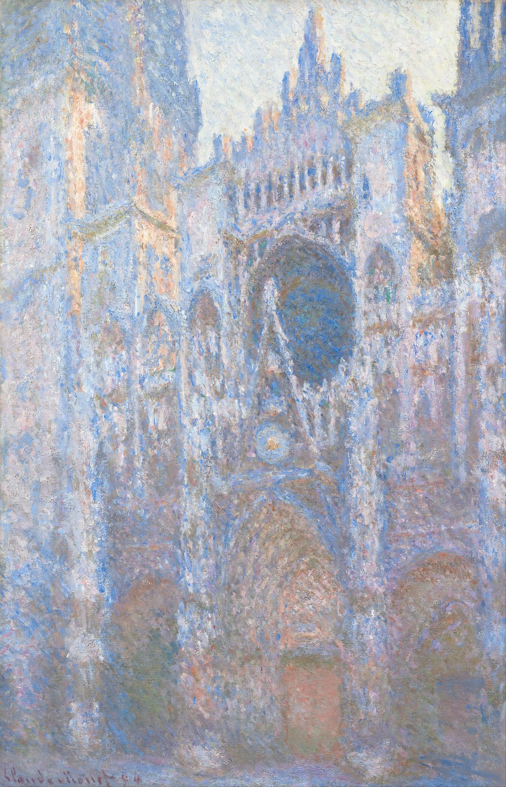 La façade gothique de la cathédrale de Rouen, vue de face, dissoute dans des touches bleues, roses et grises sous un ciel pâle