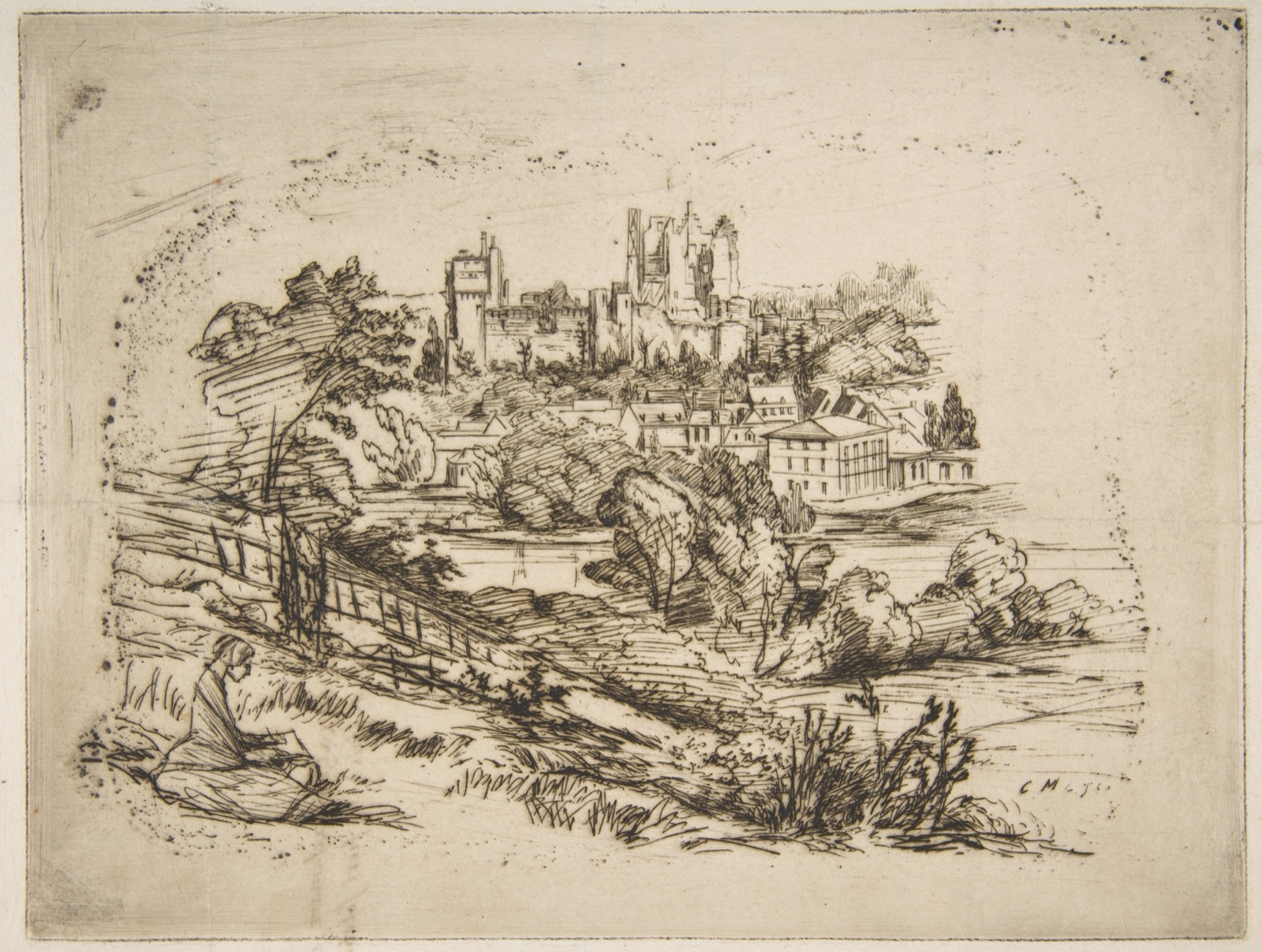 Gravure au trait : au-dessus d'un vallon boisé et des toits d'un village, les murs et les tours en ruine d'un château fort ; au premier plan, un personnage assis dans l'herbe