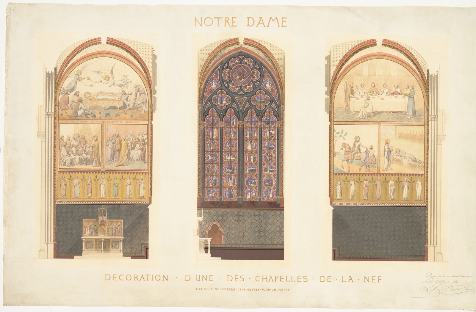 Grand dessin aquarellé et rehaussé d'or : trois élévations d'une chapelle gothique, avec ses peintures murales, son vitrail et son autel, sous le titre Notre-Dame