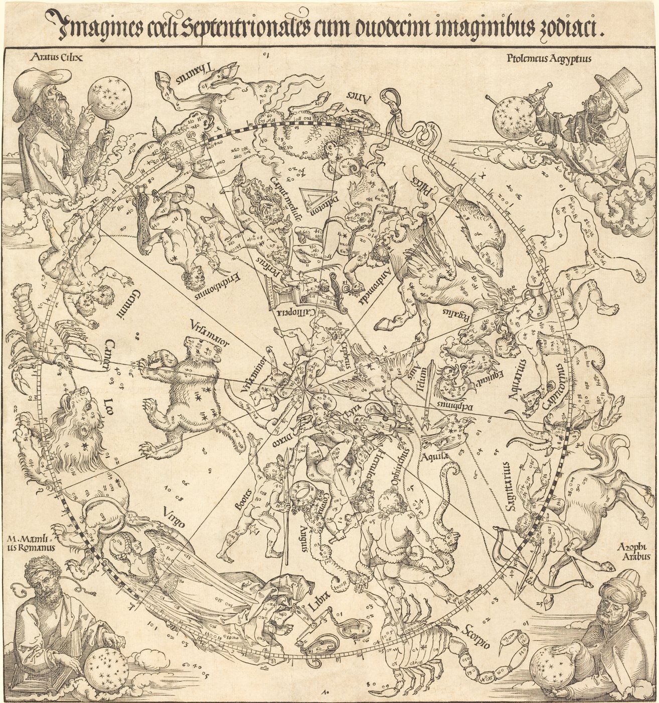 Gravure circulaire de la voûte céleste : les constellations y sont figurées par des personnages et des animaux, entourés des signes du zodiaque