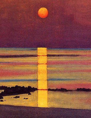 Détail du même tableau : la colonne de reflet traverse des bandes horizontales de rose, de jaune et de bleu