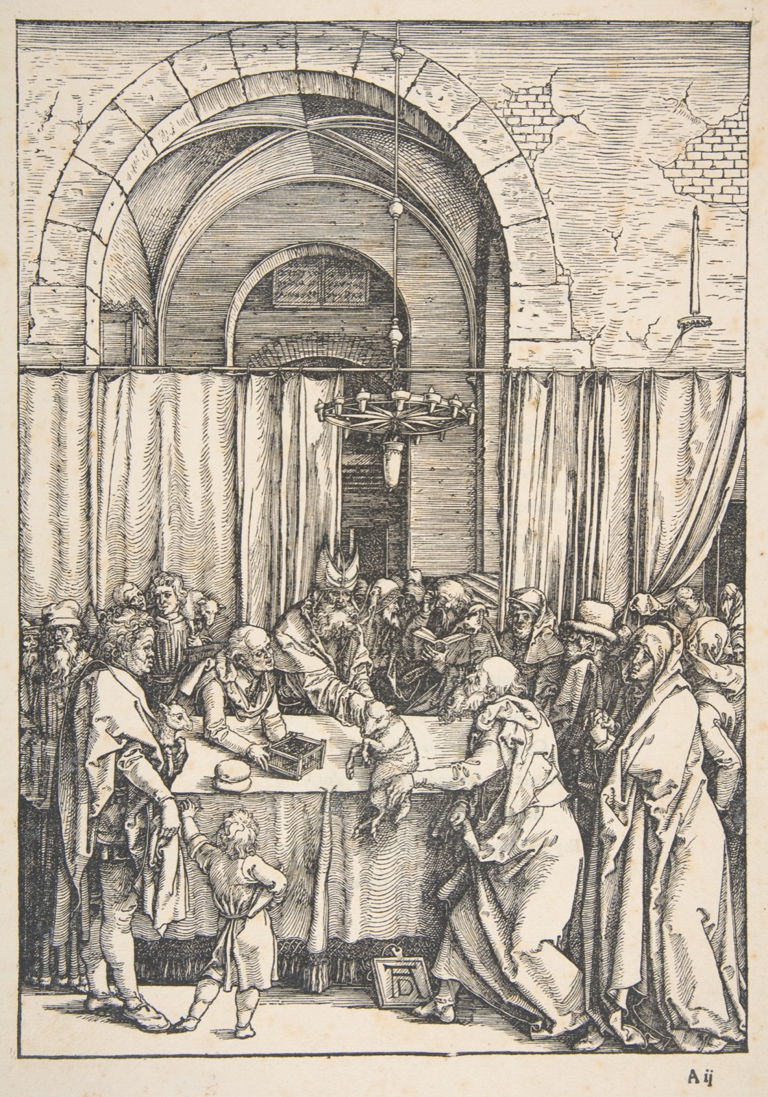 Gravure en noir et blanc : sous une voûte, un grand prêtre repousse l'agneau qu'un vieillard lui tend par-dessus une table, devant une foule ; au sol, une tablette porte le monogramme AD
