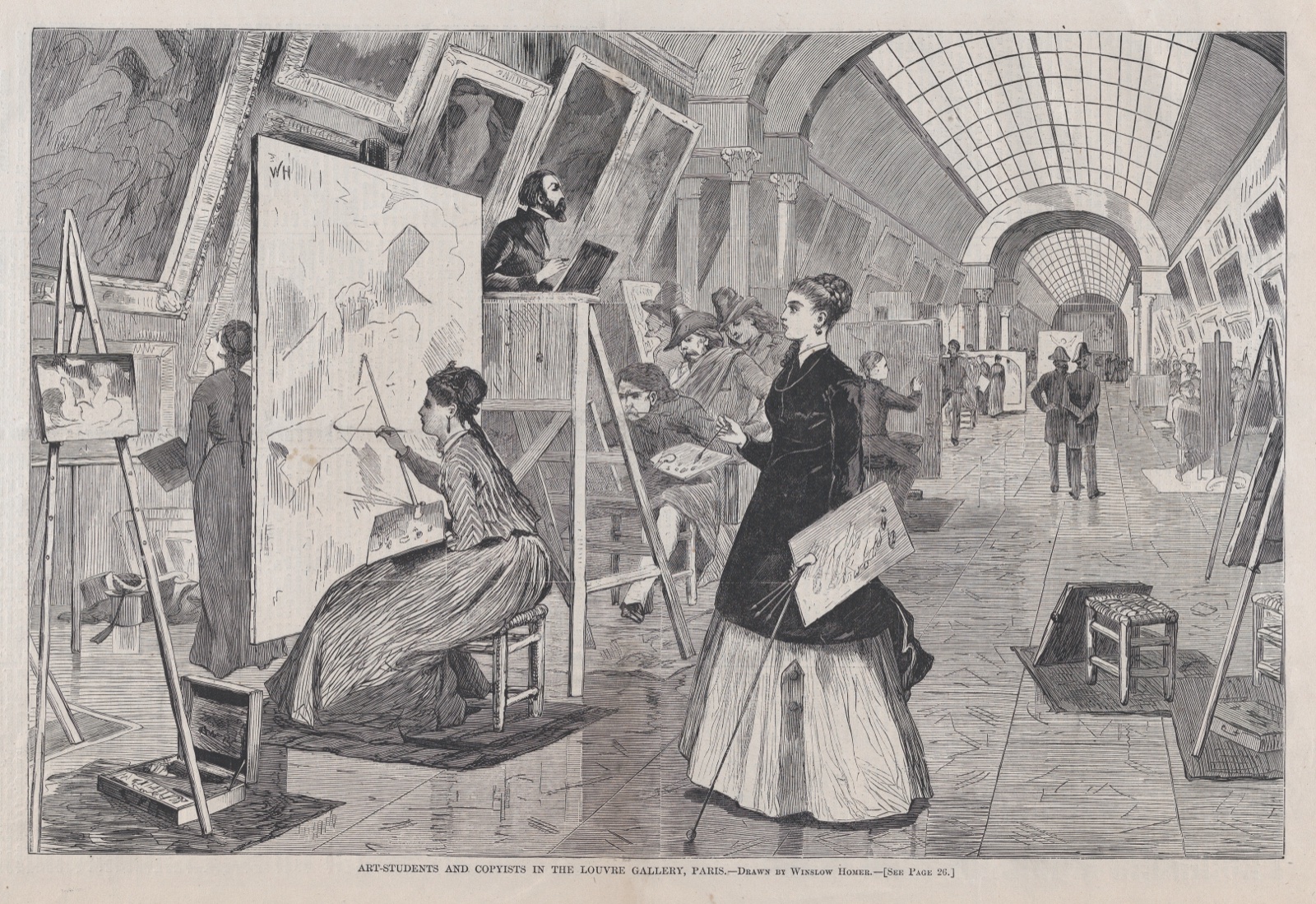 Dans une longue galerie de musée éclairée par une verrière, des femmes et des hommes peignent devant des chevalets, copiant les tableaux accrochés aux murs