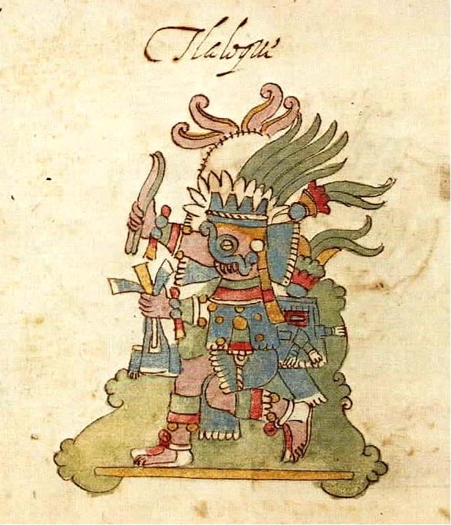 Page de manuscrit peinte : le dieu Tlaloc, coiffé de plumes, tient un bâton, entouré de signes du calendrier aztèque