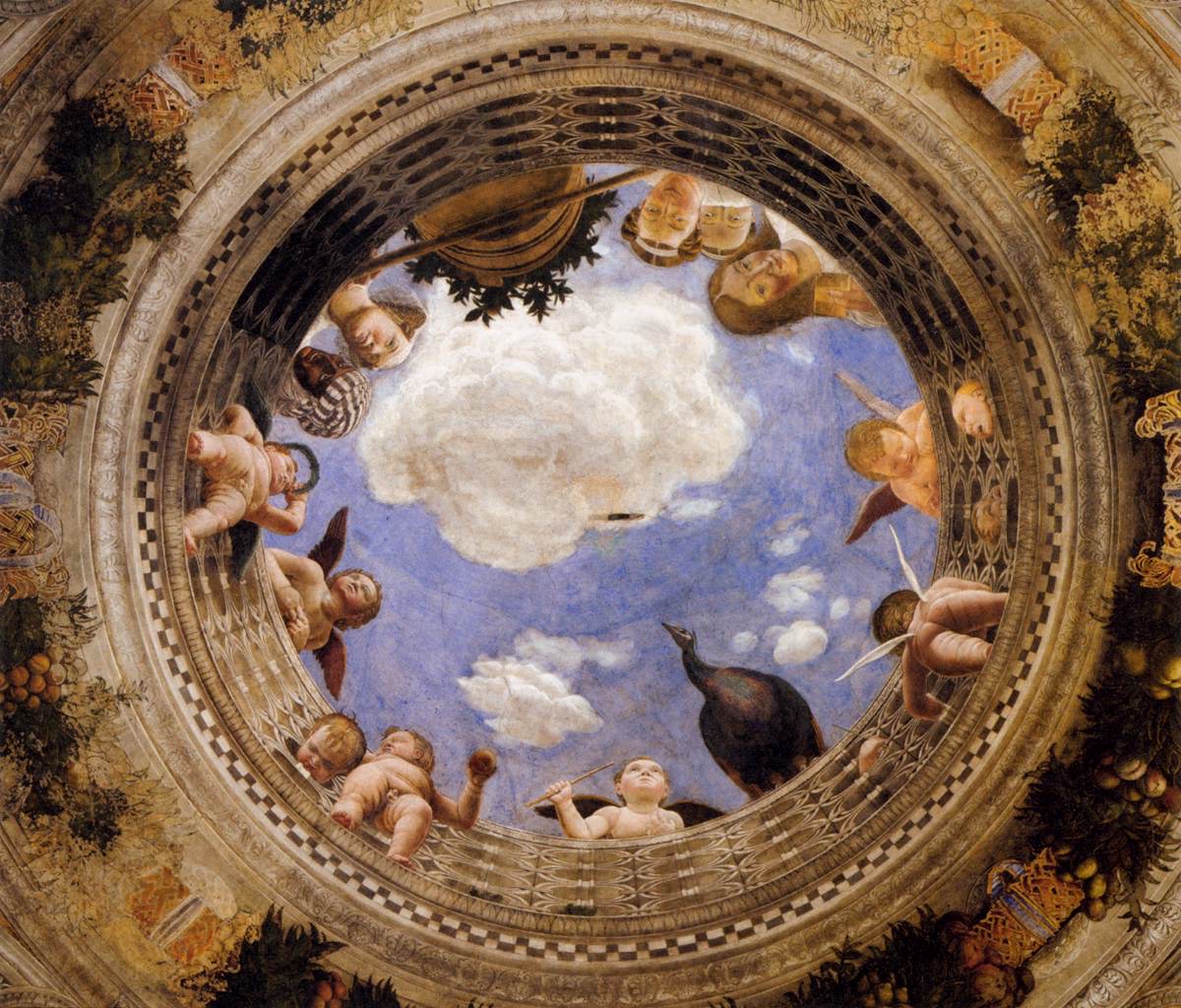 Vue en contre-plongée d'une ouverture ronde peinte au plafond : des personnages et des angelots se penchent sur une balustrade, devant un ciel bleu nuageux
