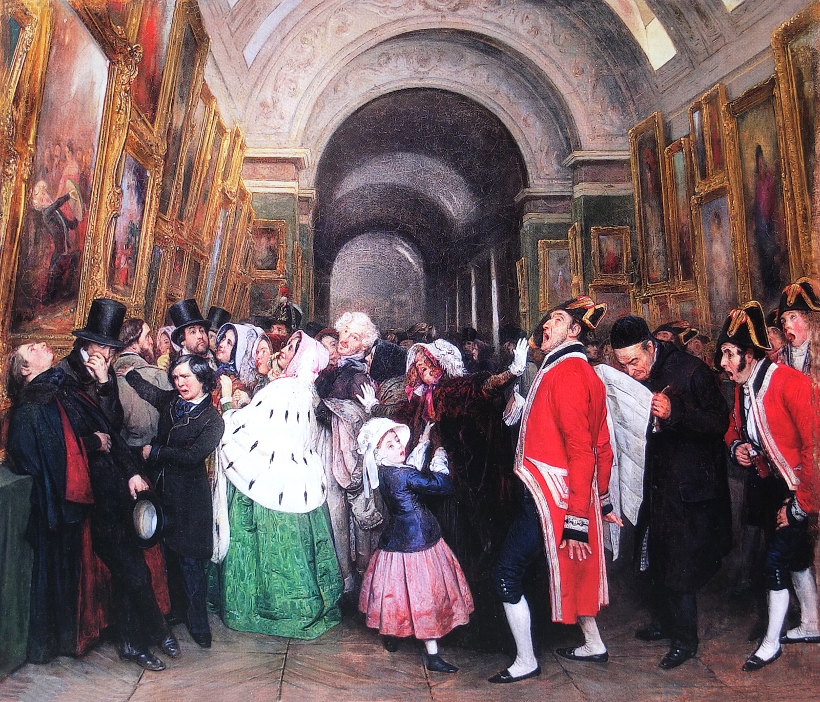 Dans une galerie du Louvre aux murs couverts de tableaux, des gardes en habit rouge font sortir une foule de visiteurs, certains bâillant de fatigue, d'autres s'attardant devant les toiles