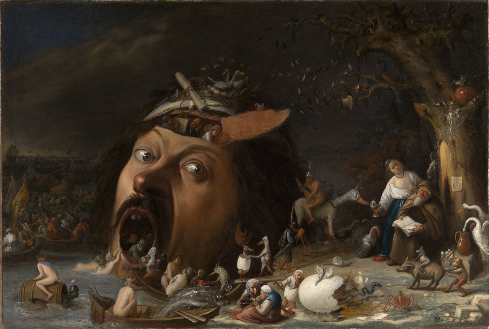 Une tête d'homme géante, la bouche grande ouverte, posée au bord de l'eau ; son crâne ouvert laisse voir des personnages, et des créatures fantastiques s'agitent autour d'un ermite en prière