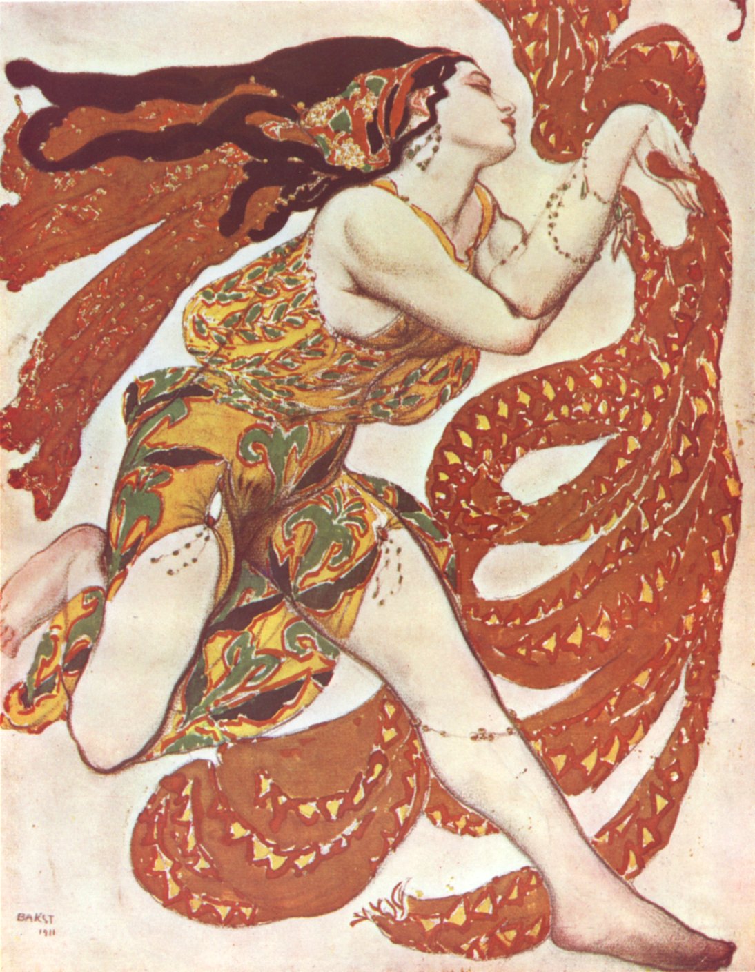 Une bacchante aux longs cheveux noirs, vêtue d'une tunique jaune à motifs, danse dans le tourbillon d'une écharpe rouge orangé