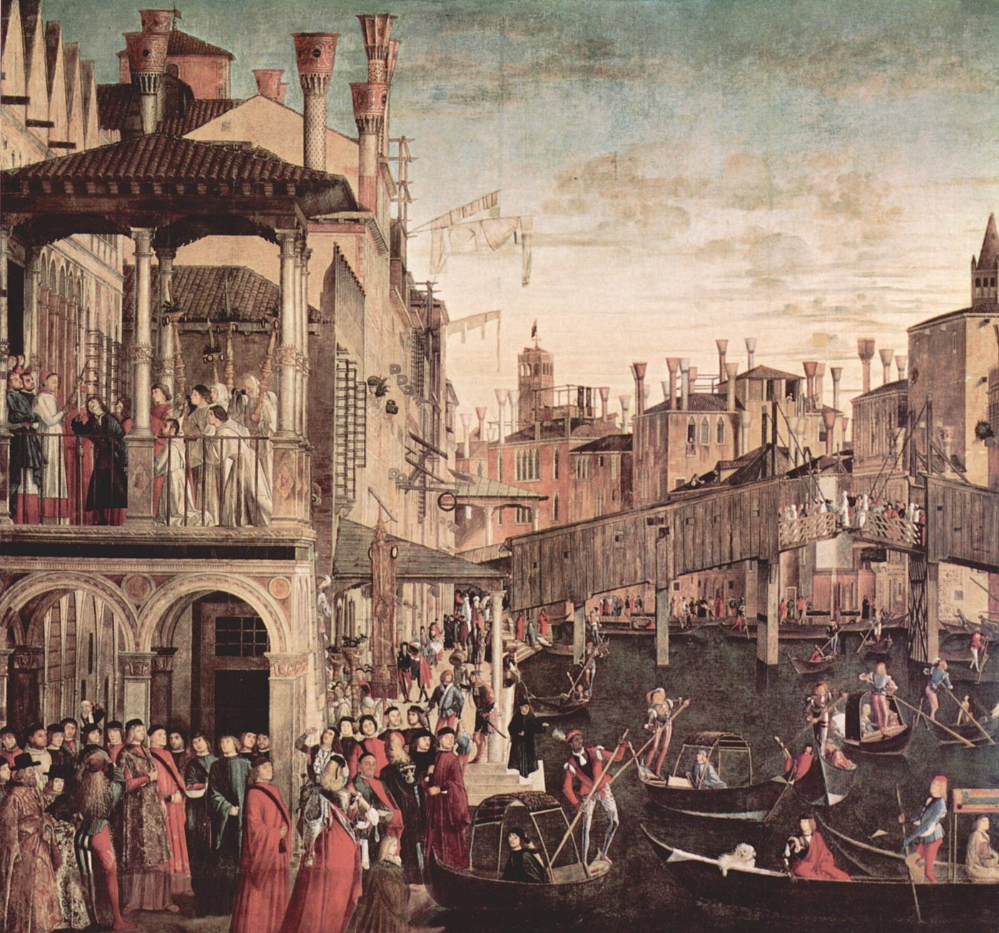 Le Grand Canal à Venise vers 1500 : le pont du Rialto en bois, des gondoles, une foule de dignitaires sous une loggia à gauche