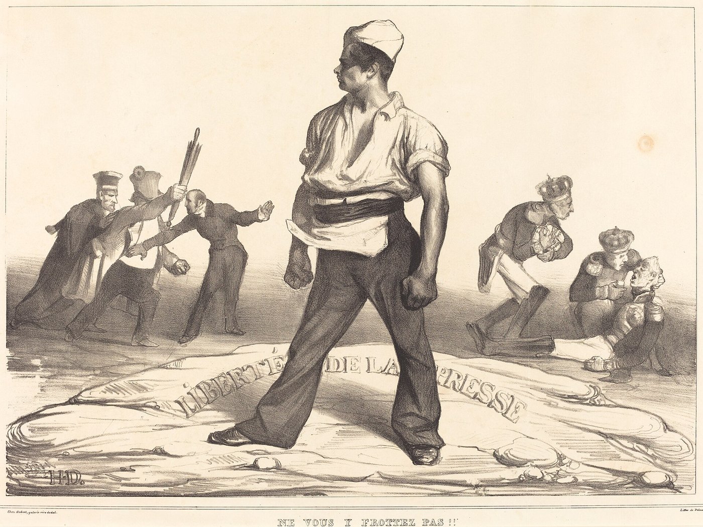 Lithographie : un jeune ouvrier imprimeur, poings serrés, se tient debout sur un rocher marqué « Liberté de la presse » ; des rois et des hommes en habit s'agitent de part et d'autre