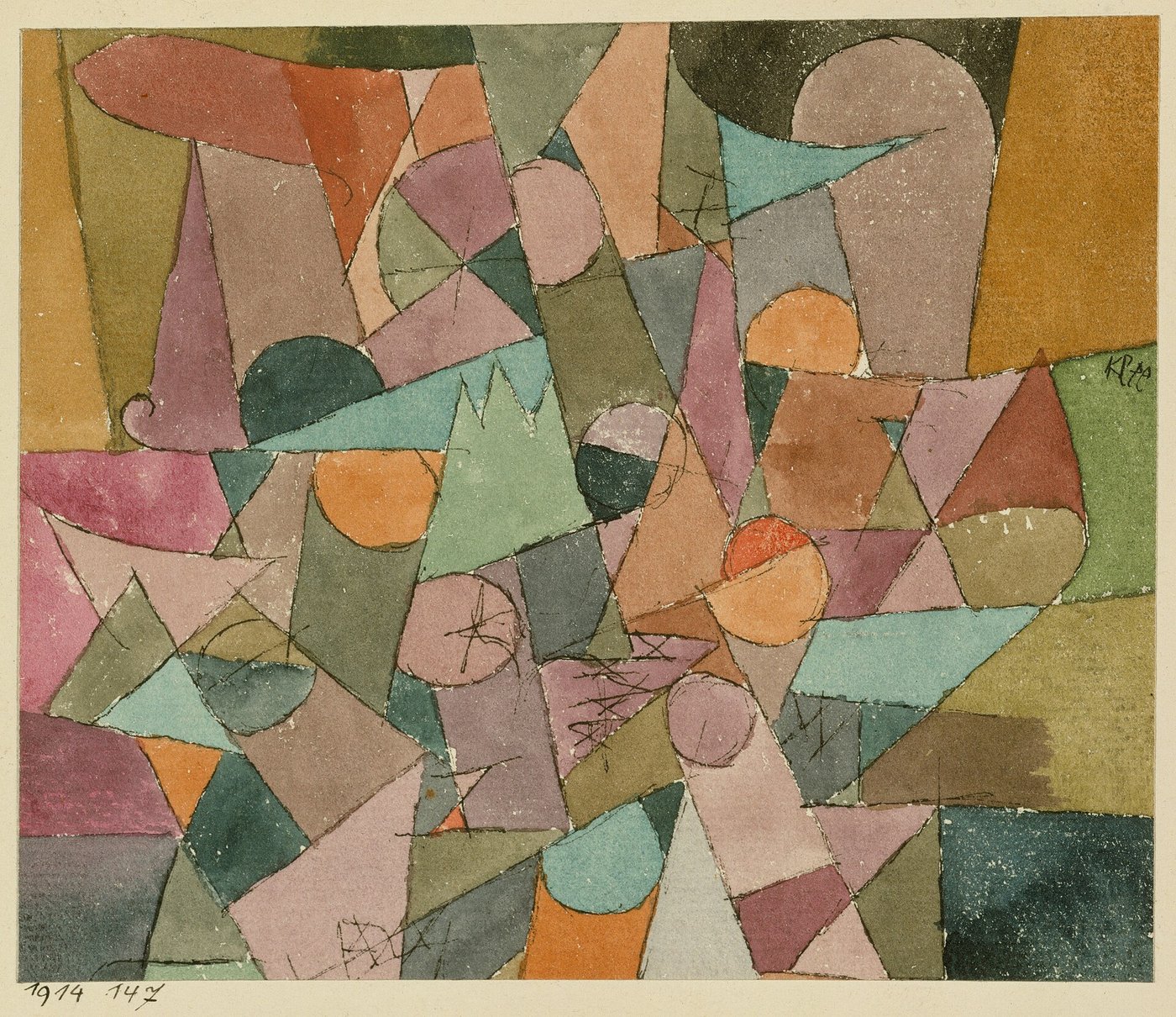 Aquarelle abstraite faite de triangles, de demi-cercles et de rectangles imbriqués, en vert, rose, ocre et orange