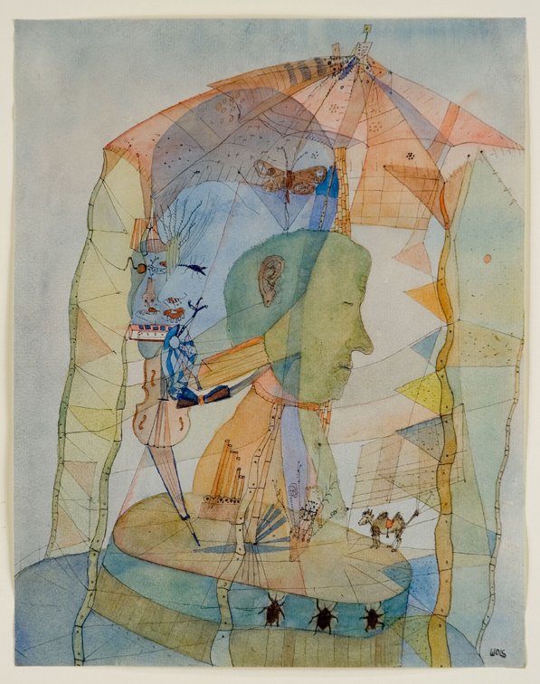 Aquarelle aux tons pastel : un profil humain vert sous un chapiteau de toiles, entouré d'un violon, d'un papillon, d'un chameau et de trois insectes