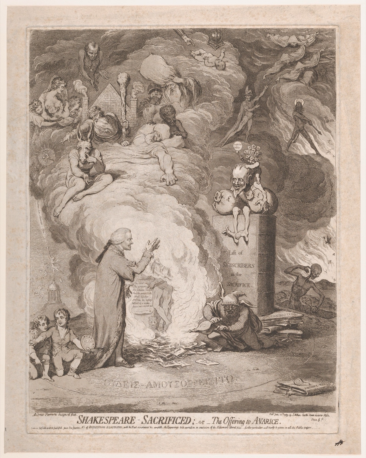 Caricature : un vieil homme en robe de chambre fait brûler les pièces de Shakespeare devant une colonne portant la liste des souscripteurs, sous des nuées peuplées de figures grotesques