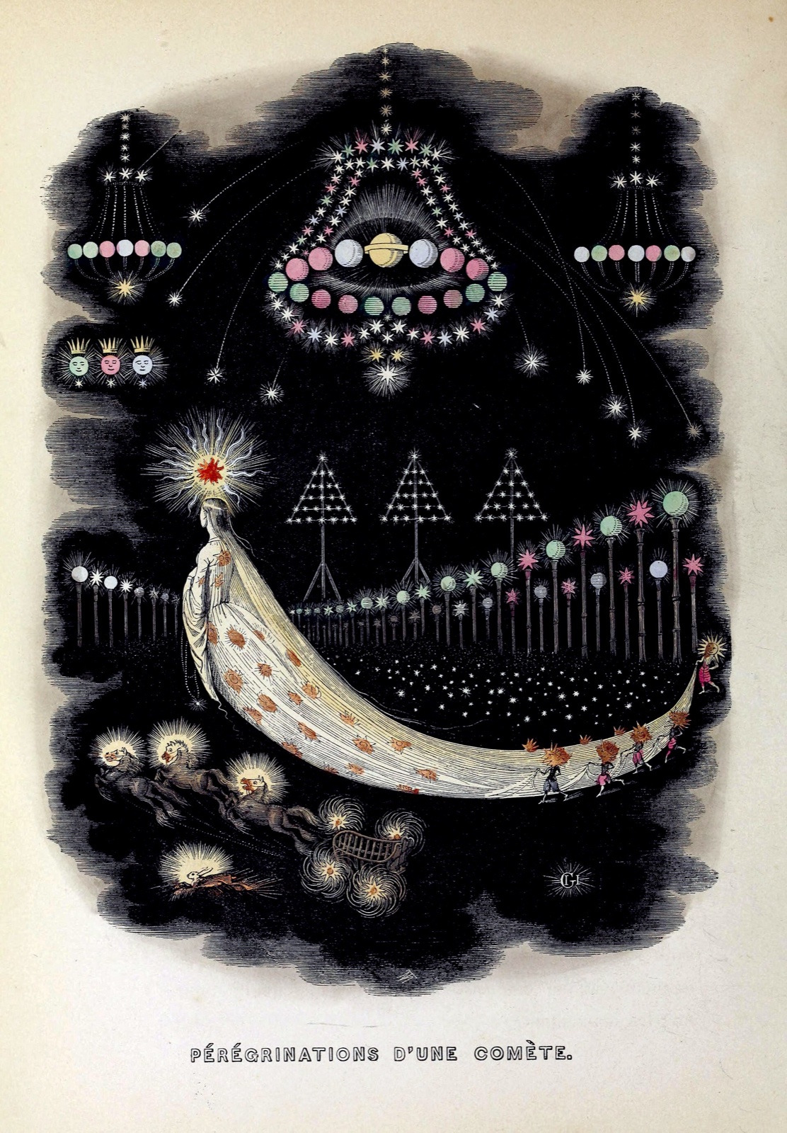 Sur fond noir, une comète en forme de femme voilée traîne une longue queue d'étoiles, sous des constellations en lustres et en guirlandes