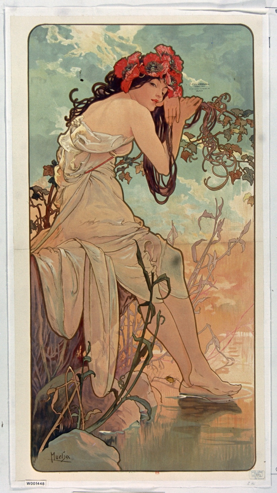 Panneau vertical : une jeune femme couronnée de coquelicots, assise au bord de l'eau, y trempe un pied, la tête appuyée sur une branche de vigne