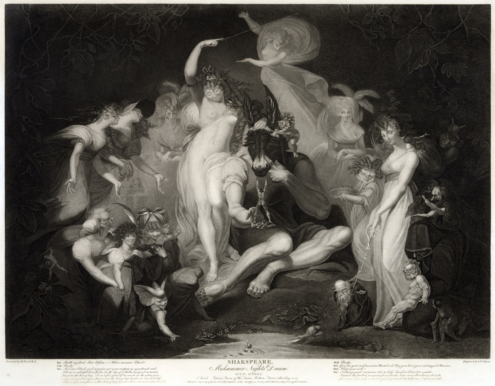 Gravure en noir et blanc : dans une forêt nocturne, la reine des fées Titania, debout et lumineuse, entourée d'elfes, près de Bottom à tête d'âne endormi
