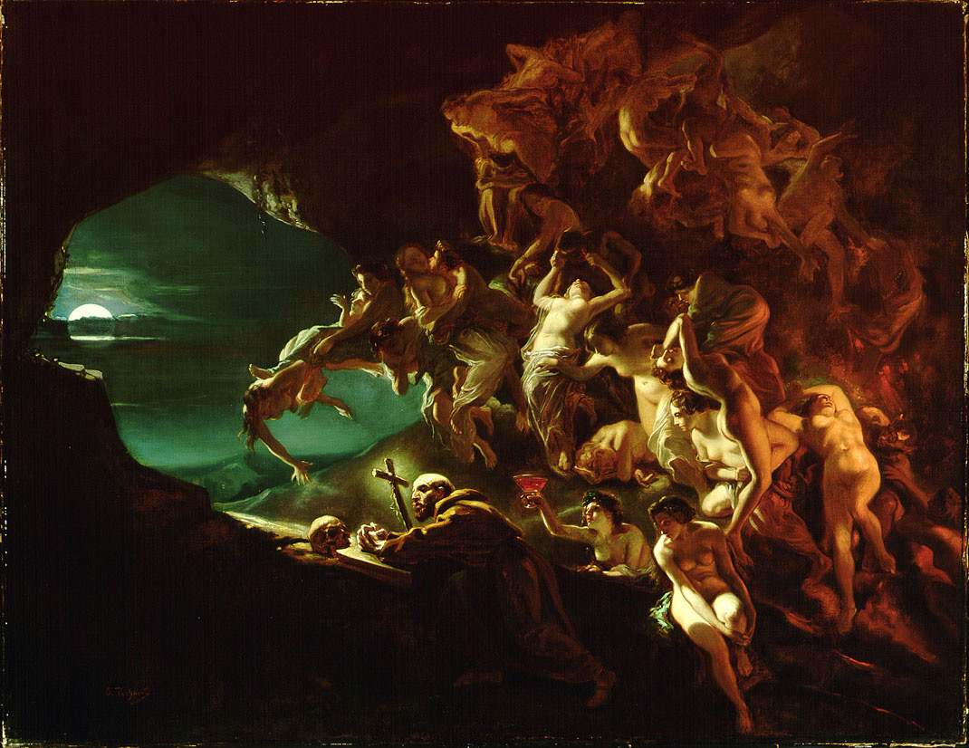 Dans une grotte sombre, un moine agenouillé devant un crâne et une croix ; au-dessus de lui tourbillonne une nuée de femmes nues ; au loin, la lune sur la mer