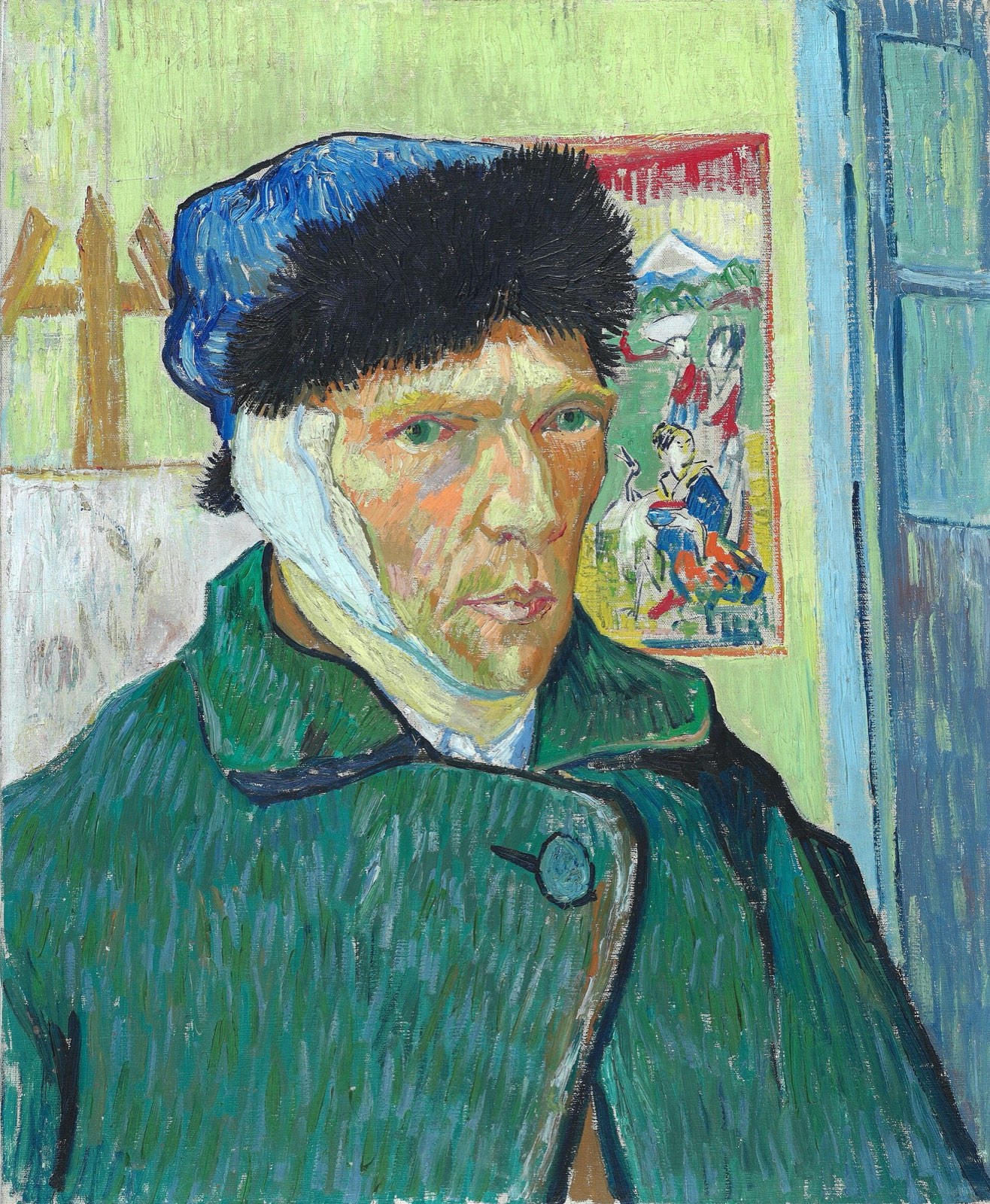 Autoportrait de Van Gogh en manteau vert et bonnet de fourrure, l'oreille couverte d'un pansement blanc, devant un chevalet et une estampe japonaise