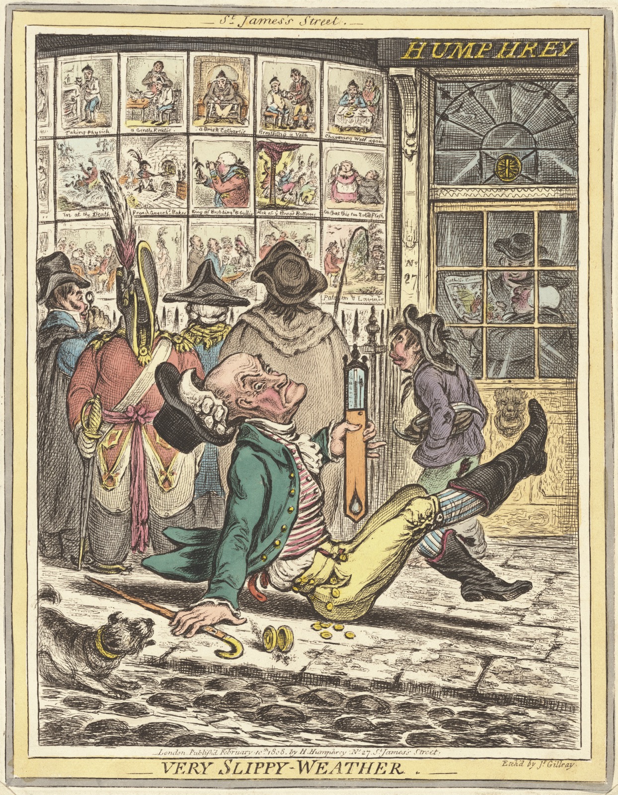 Devant la vitrine d'une boutique couverte d'estampes satiriques, des passants s'attroupent tandis qu'un vieil homme glisse sur le pavé verglacé