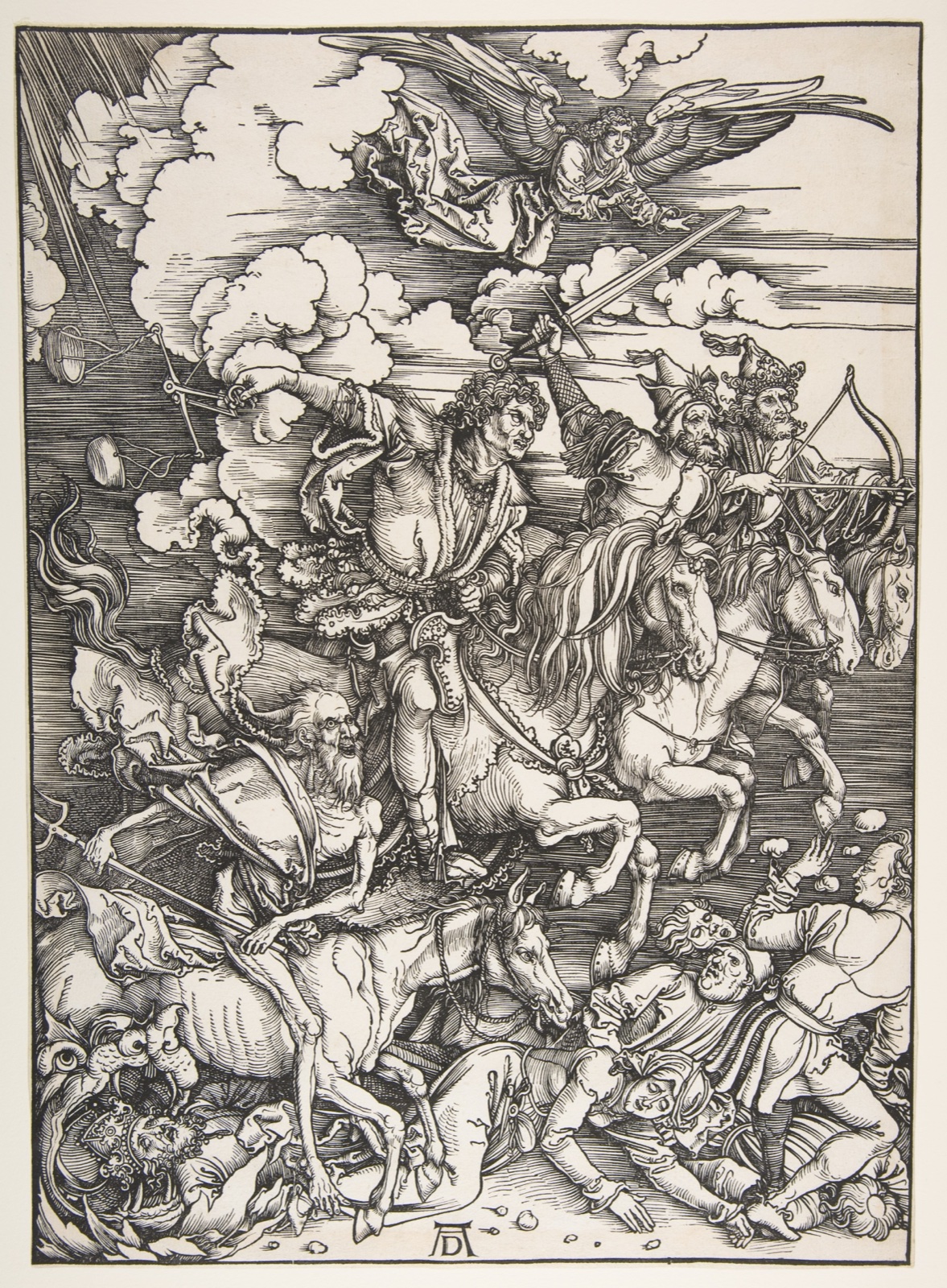 Gravure en noir et blanc : quatre cavaliers lancés au galop, armés d'un arc, d'une épée et d'une balance, piétinent des hommes ; un ange les survole