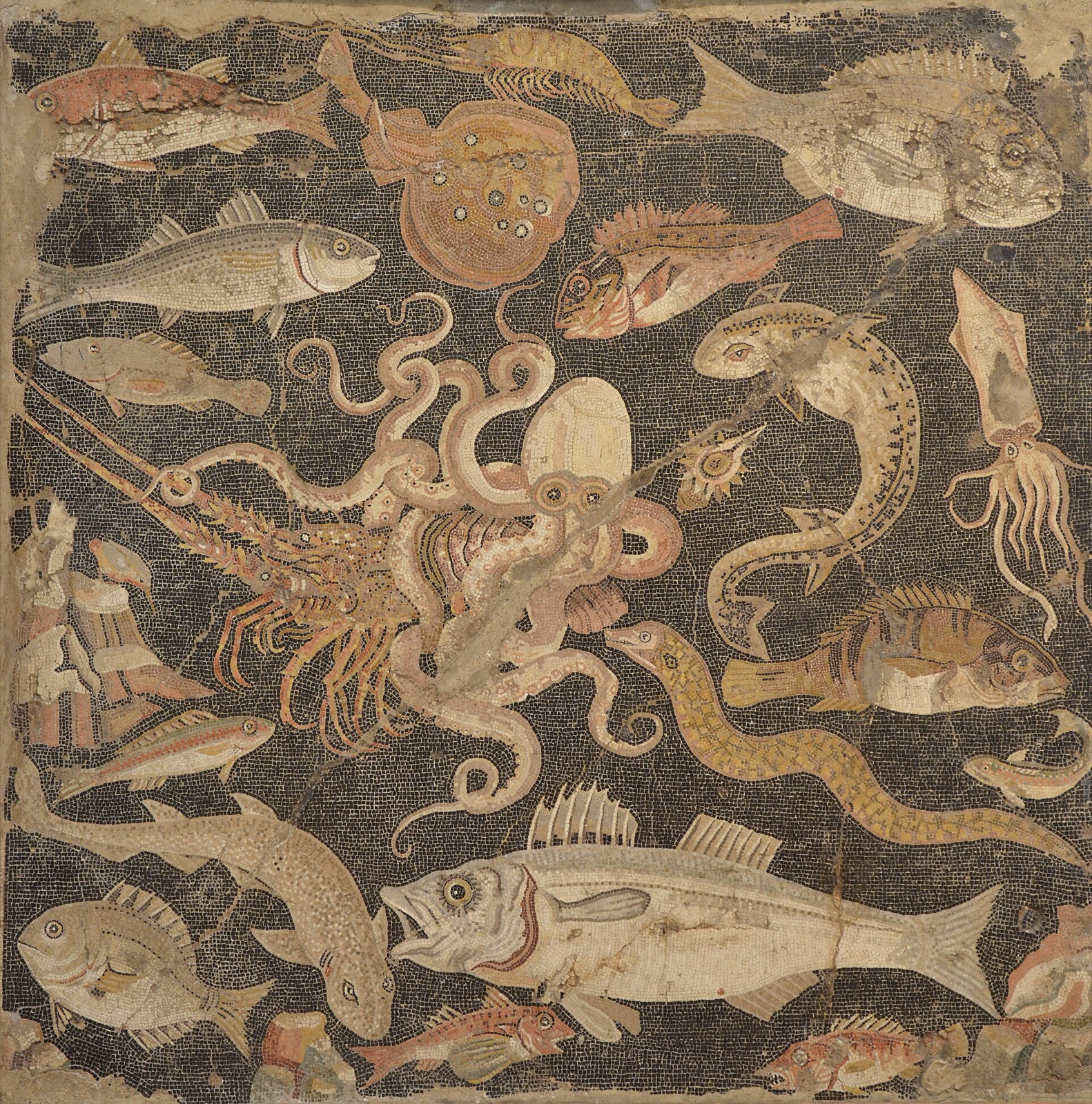 Mosaïque sur fond noir : une pieuvre enlace une langouste au centre, entourée de poissons, d'une raie, d'un calmar, d'une murène et de crustacés